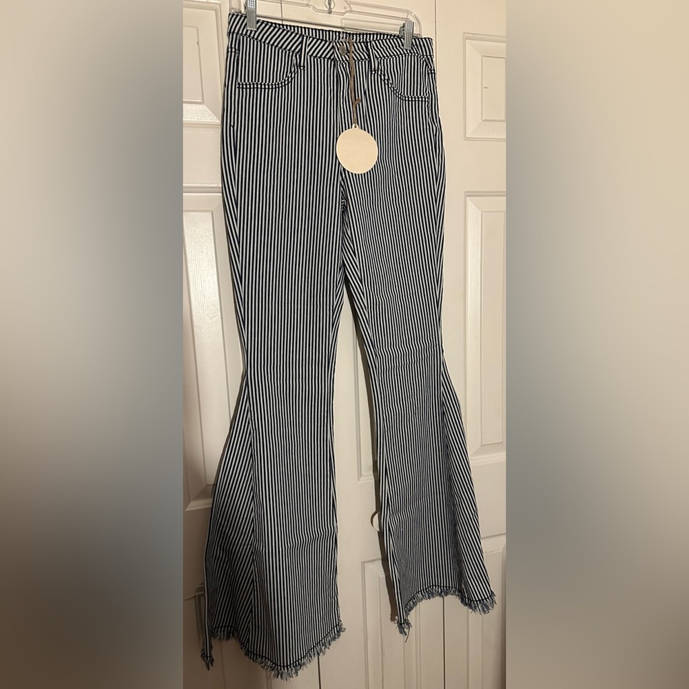 Navy Blue Striped Super Flare Mid Rise